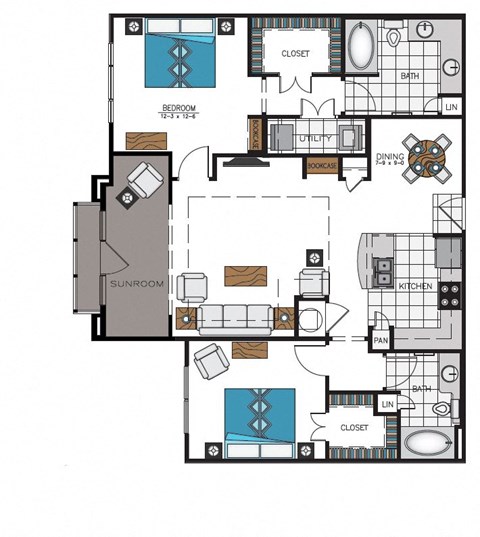 Floor plan for 2 beds, 2 baths, 1307 sqft